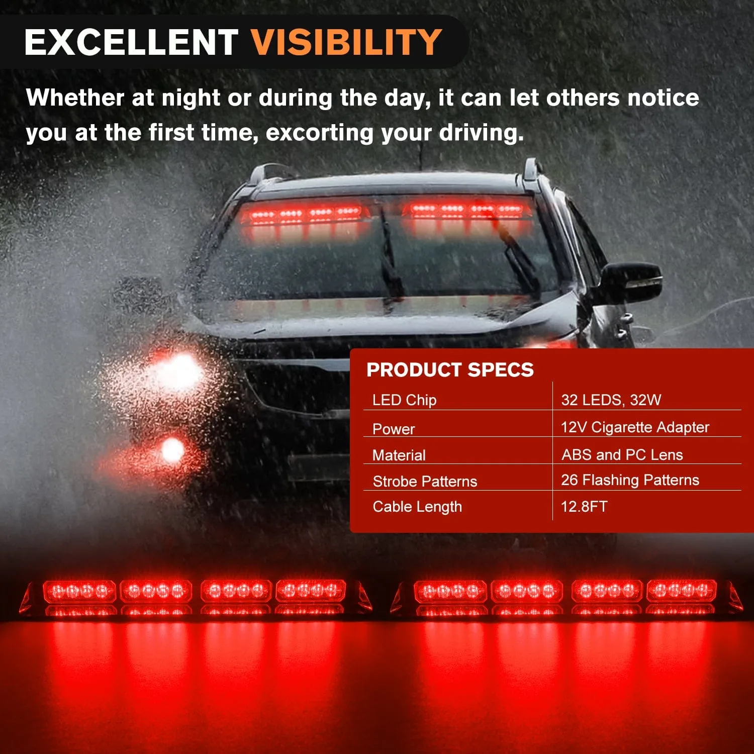 32LED Red Emergency Dash Strobe Lights with Controller Suction Cups