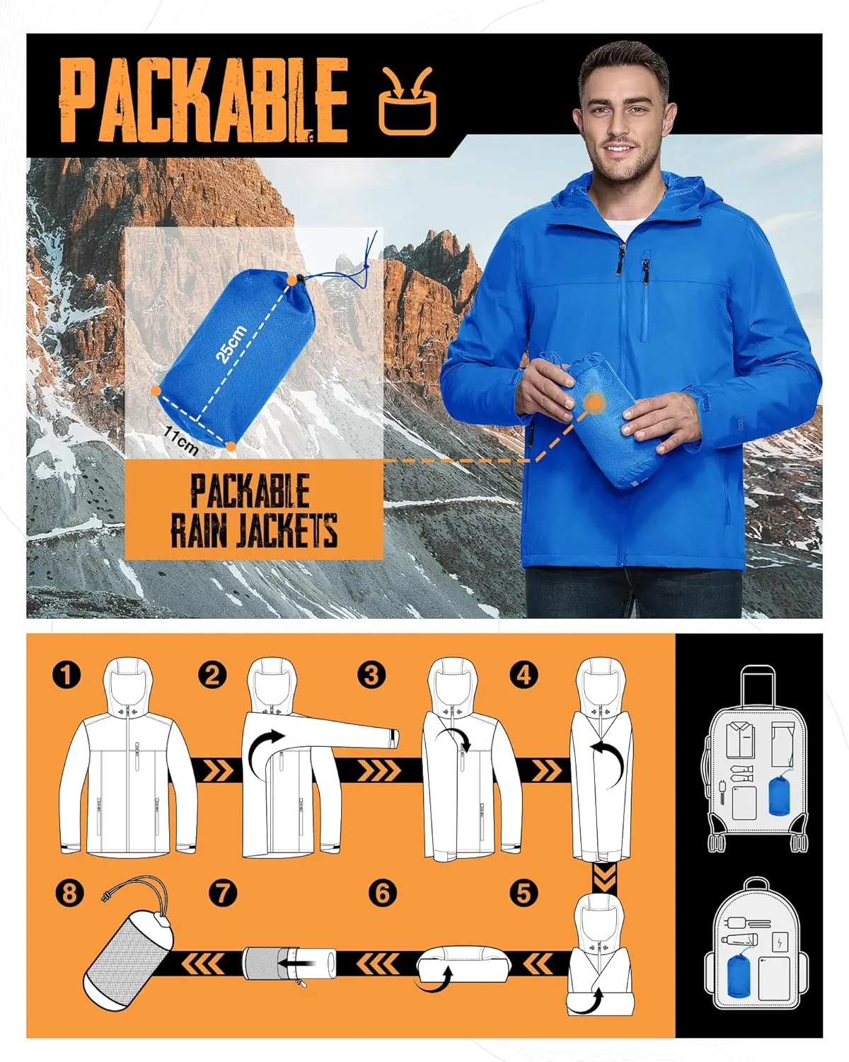 33,000ft Men's Packable Rain Jacket Lightweight Rain Shell Jacket with Hood Waterproof Raincoat for Cycling