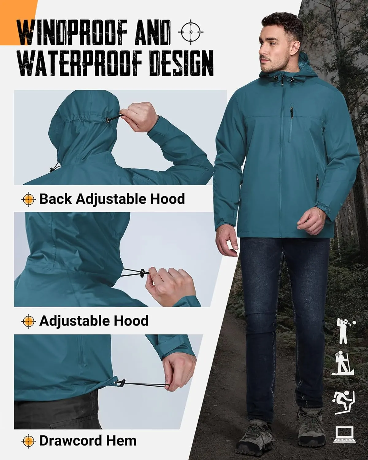 33,000ft Men's Packable Rain Jacket Lightweight Rain Shell Jacket with Hood Waterproof Raincoat for Cycling