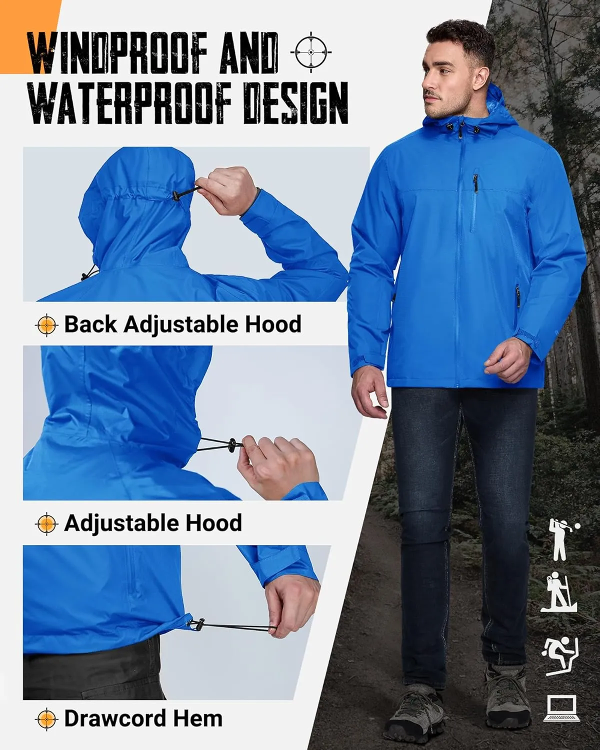 33,000ft Men's Packable Rain Jacket Lightweight Rain Shell Jacket with Hood Waterproof Raincoat for Cycling