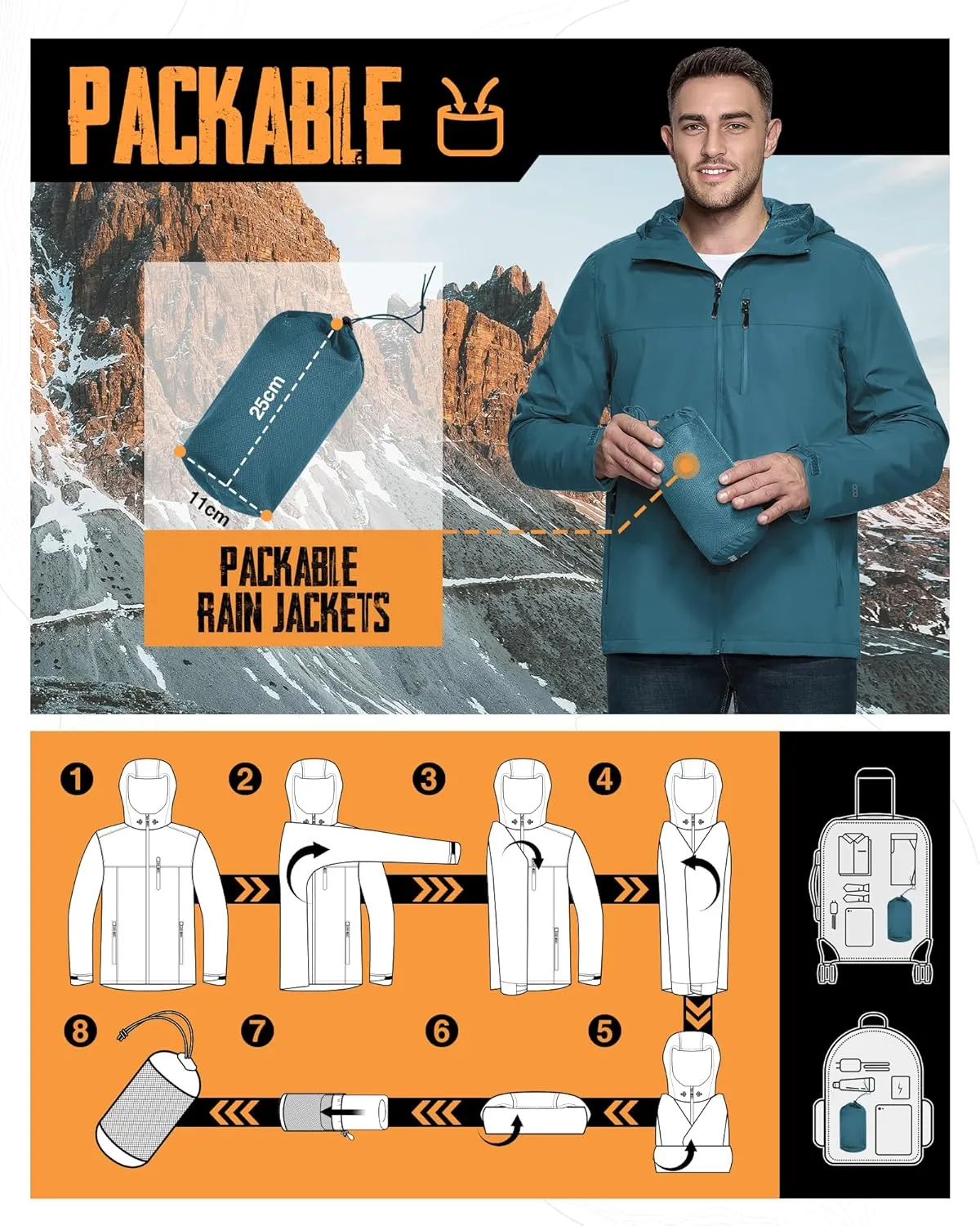33,000ft Men's Packable Rain Jacket Lightweight Rain Shell Jacket with Hood Waterproof Raincoat for Cycling
