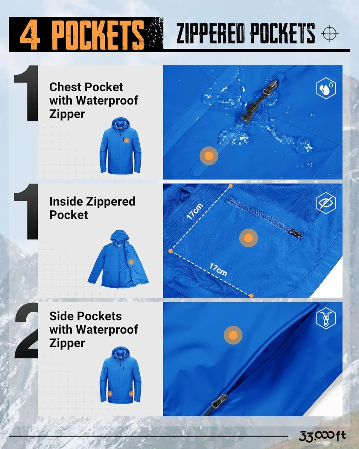 33,000ft Men's Packable Rain Jacket Lightweight Rain Shell Jacket with Hood Waterproof Raincoat for Cycling