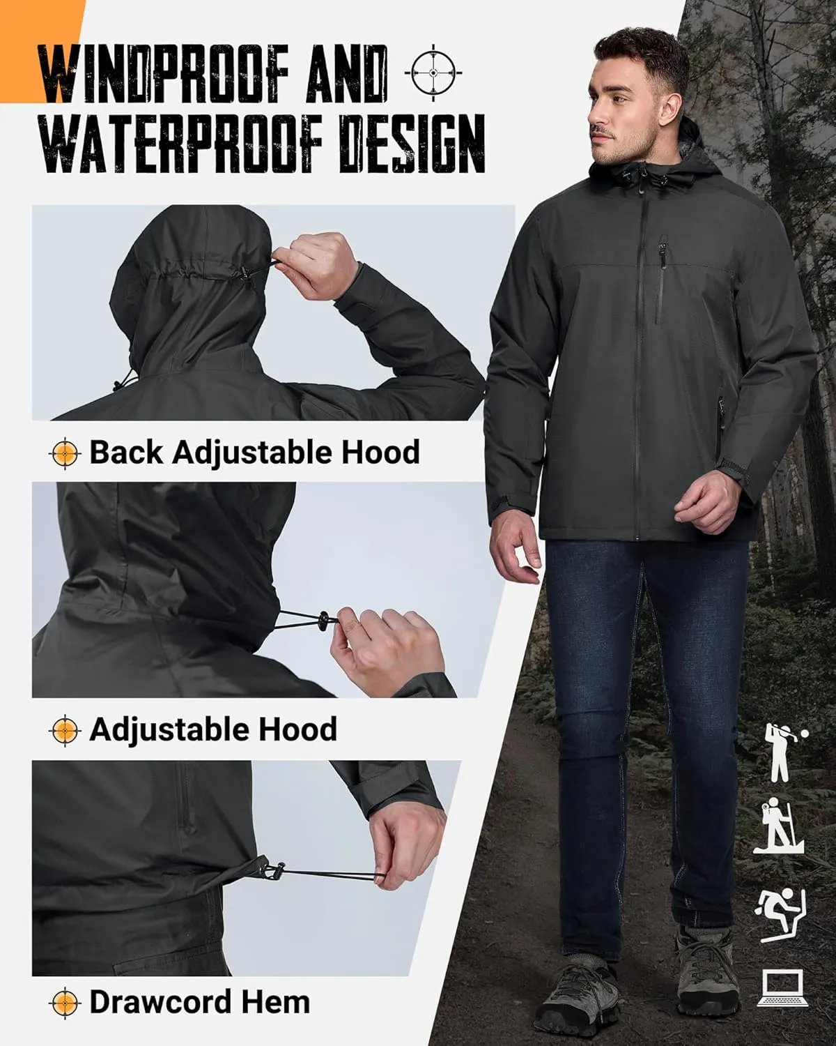 33,000ft Men's Packable Rain Jacket Lightweight Rain Shell Jacket with Hood Waterproof Raincoat for Cycling