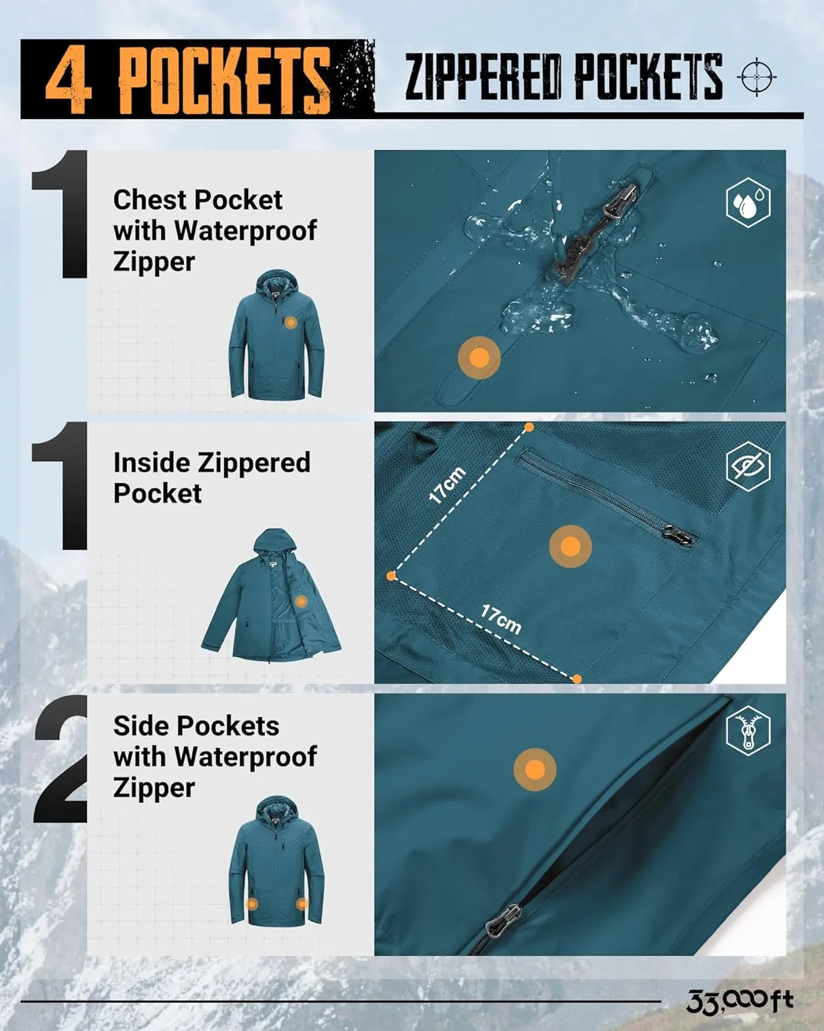 33,000ft Men's Packable Rain Jacket Lightweight Rain Shell Jacket with Hood Waterproof Raincoat for Cycling
