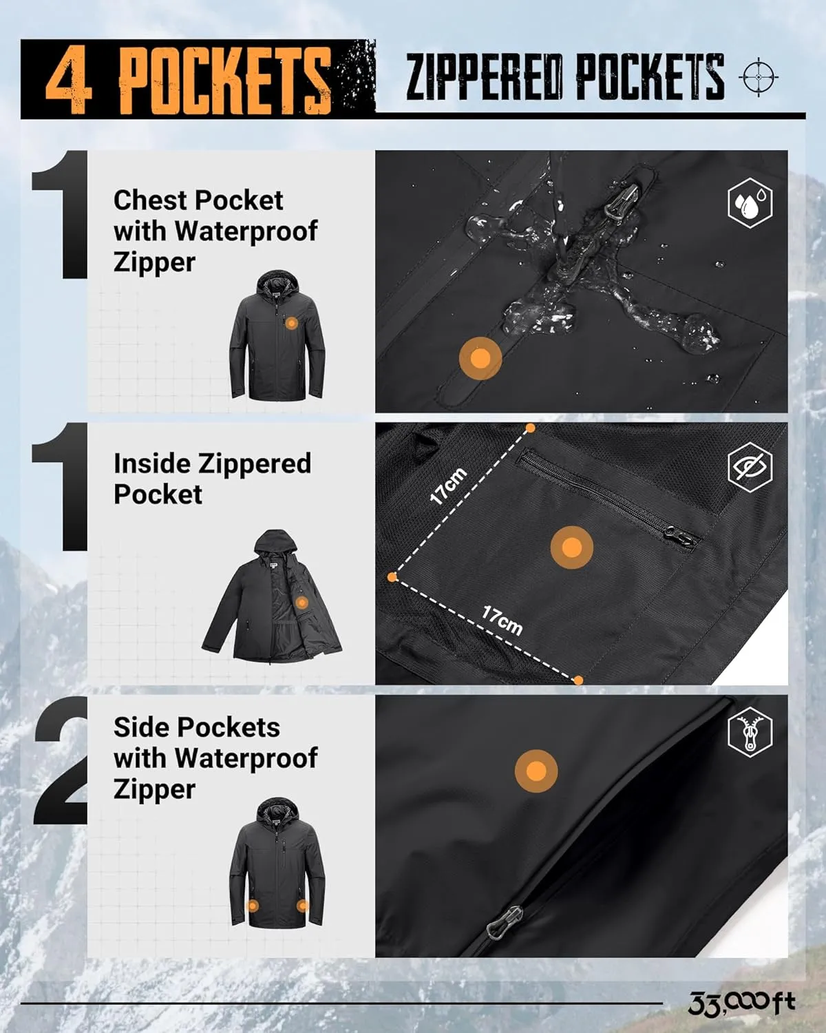 33,000ft Men's Packable Rain Jacket Lightweight Rain Shell Jacket with Hood Waterproof Raincoat for Cycling