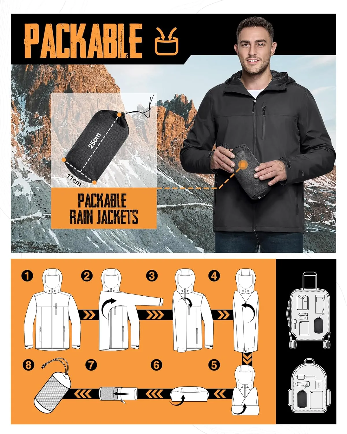 33,000ft Men's Packable Rain Jacket Lightweight Rain Shell Jacket with Hood Waterproof Raincoat for Cycling