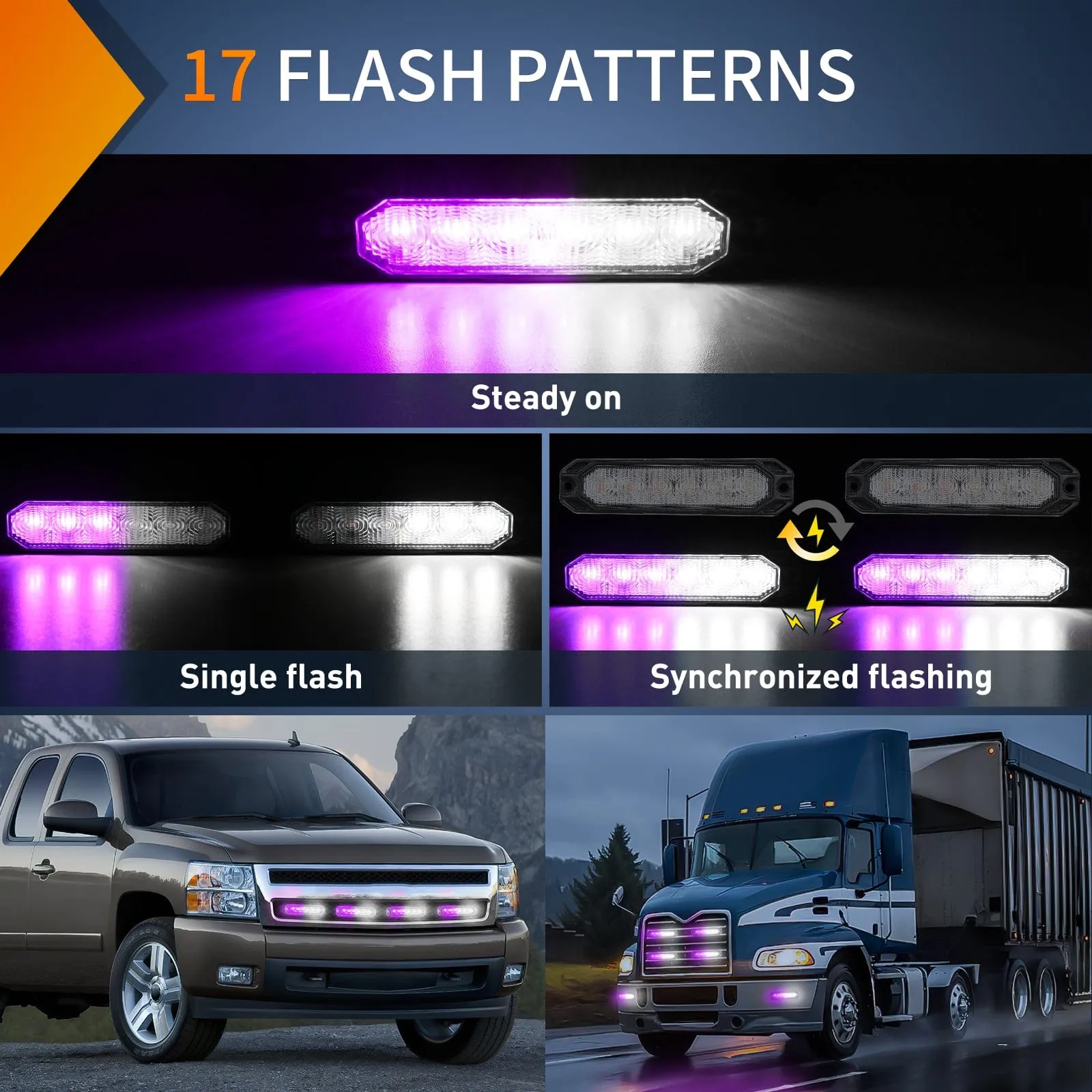 4PCS 6 LED Purple and White Emergency Warning Strobe Lights