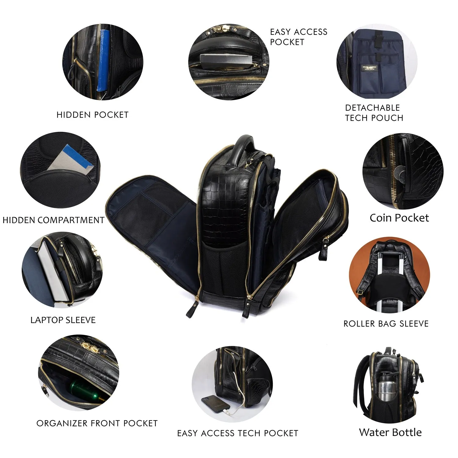 Backpack in Black Leather with Multi-Step Pockets