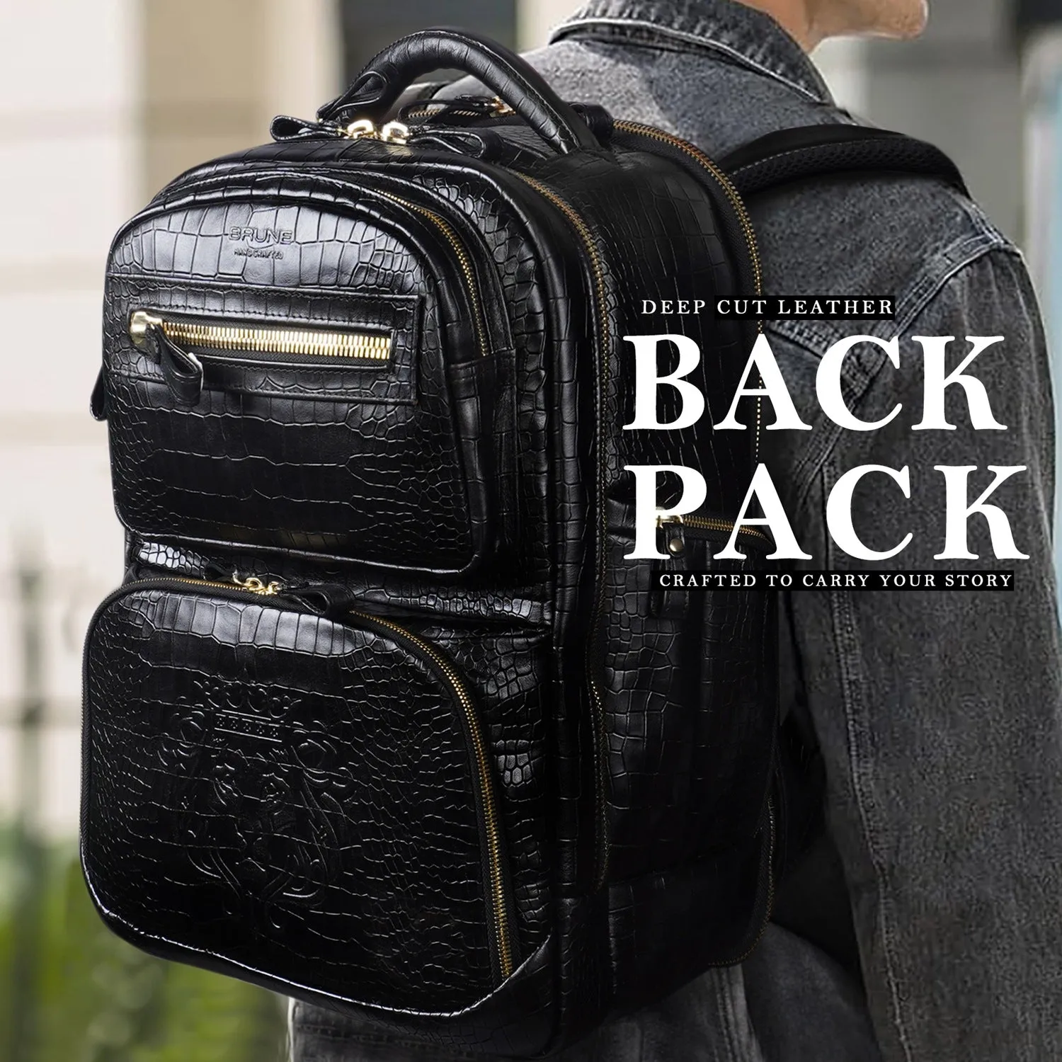 Backpack in Black Leather with Multi-Step Pockets