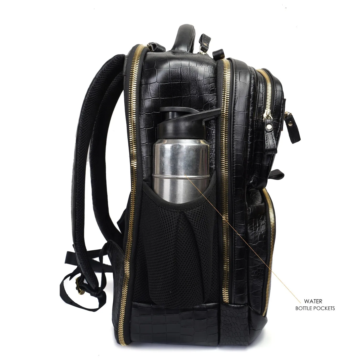 Backpack in Black Leather with Multi-Step Pockets