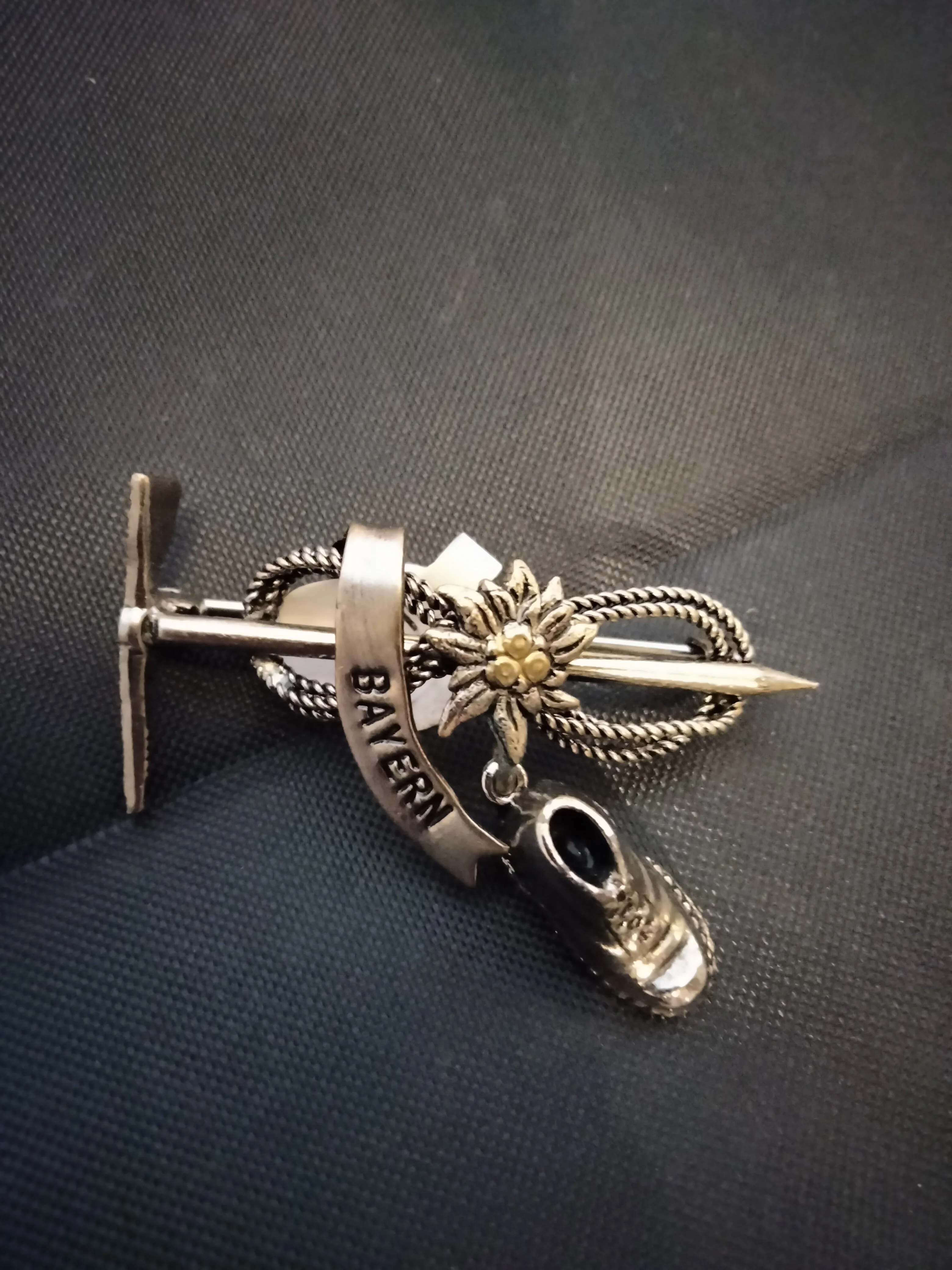 Bayern  Pewter Hat Pin with Edelweiss, Rope, Ax  and dangling hiking shoe