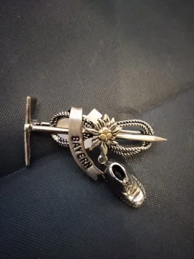 Bayern  Pewter Hat Pin with Edelweiss, Rope, Ax  and dangling hiking shoe
