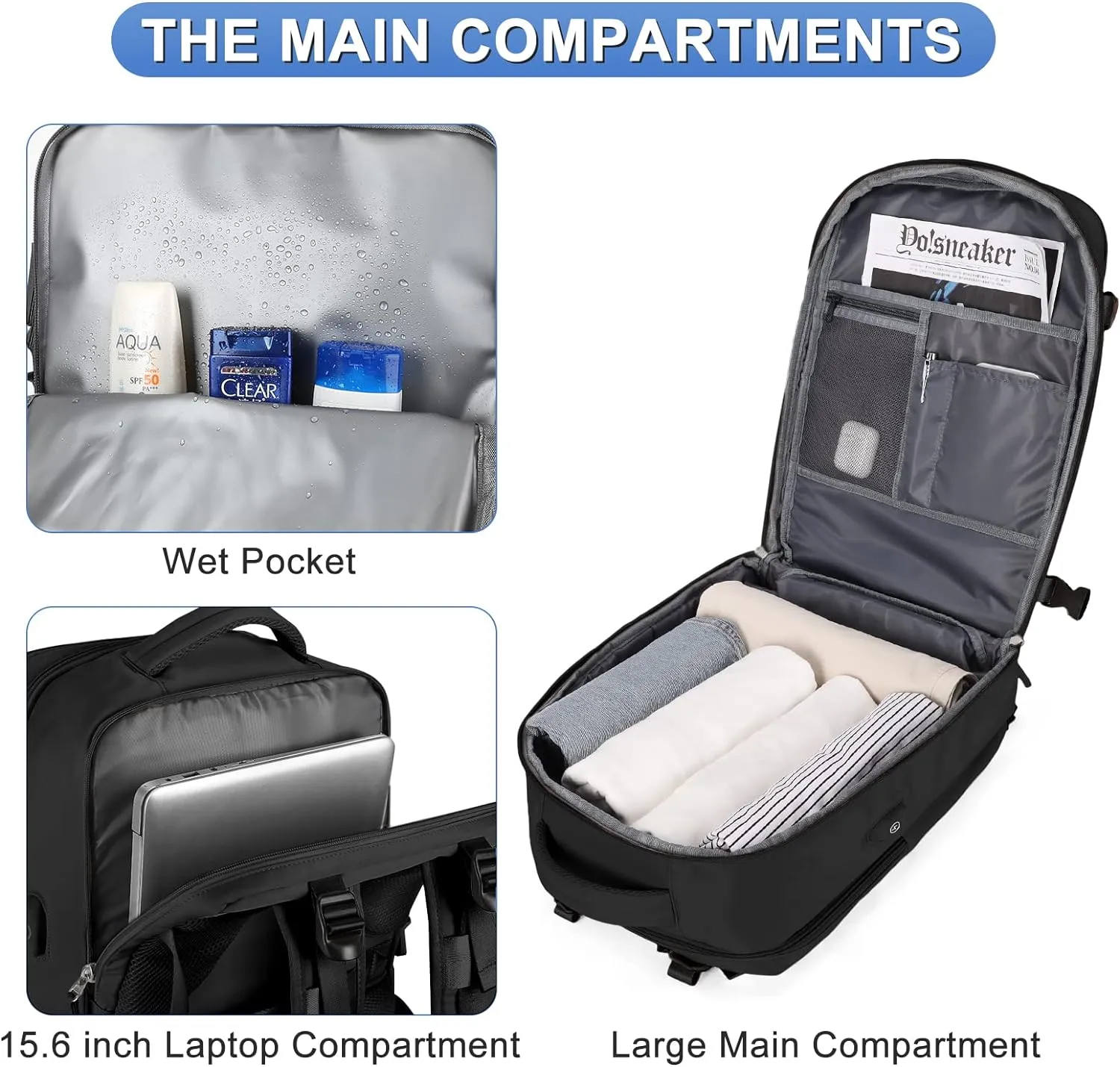coofay Large Travel Backpack For Women Men Airline Approved Carry On Flight Luggage Waterproof Sports Casual Daypack Small For Hiking Black