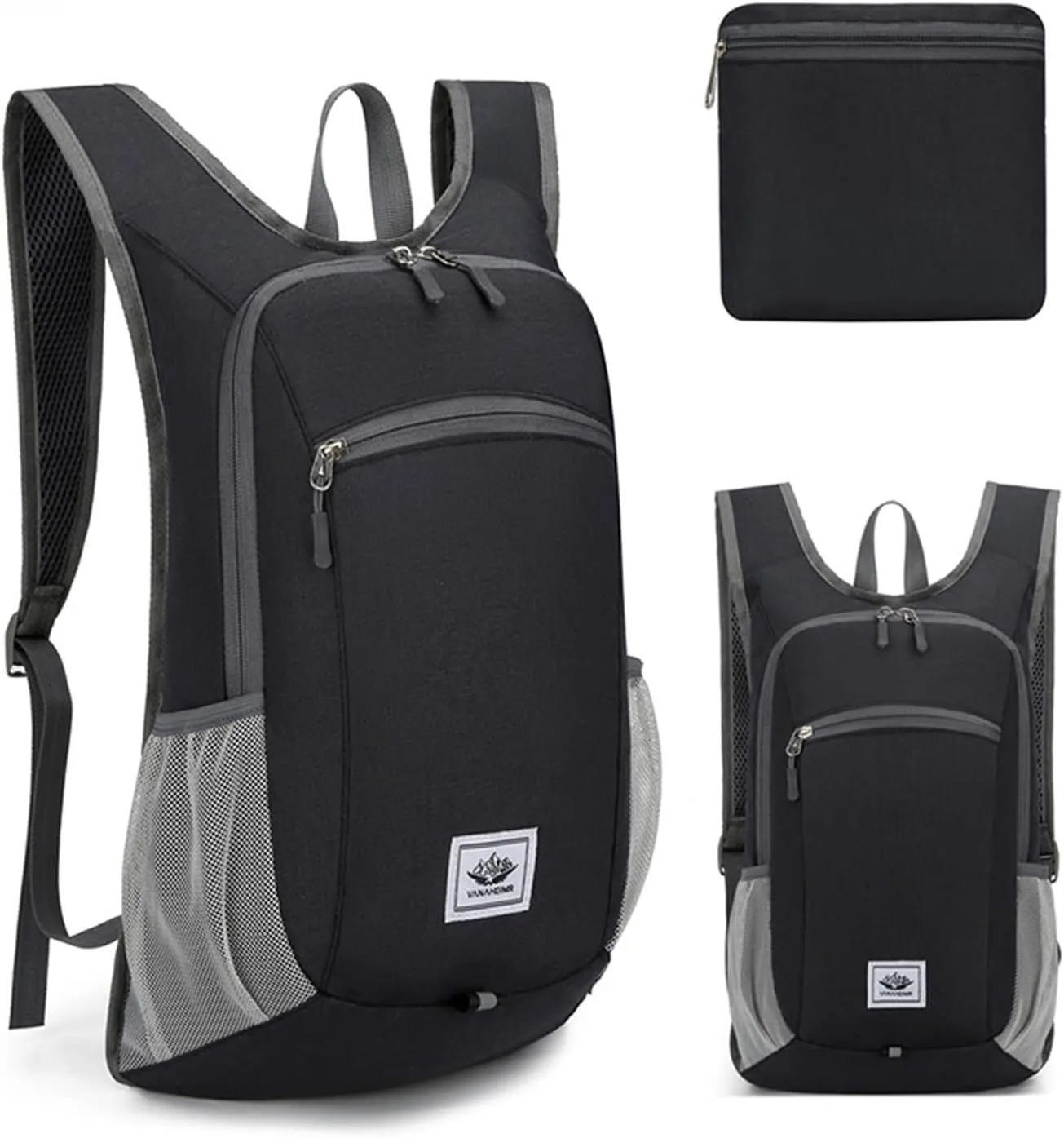 DOJUNS Hiking Backpack 15L Small Travel Backpack Lightweight Foldable Daypack Packable Camping Backpacks for Women Men (Black)