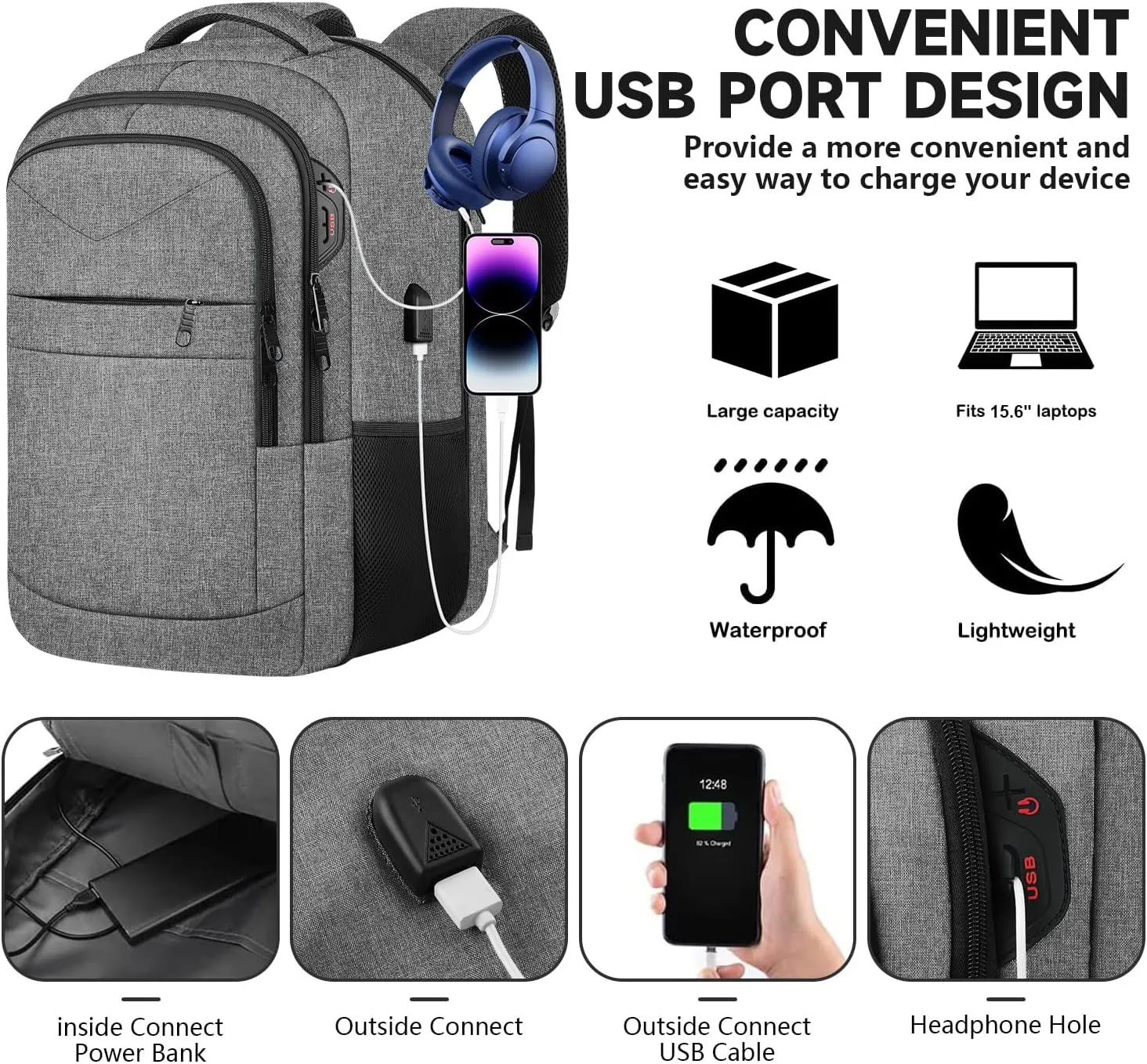 Lapsouno Business Laptop Backpack, Travel Backpack, 15.6 Inch Carry on Backpack, Anti-Theft College School Computer Backpack with USB Port, Gift for Men Women, Grey