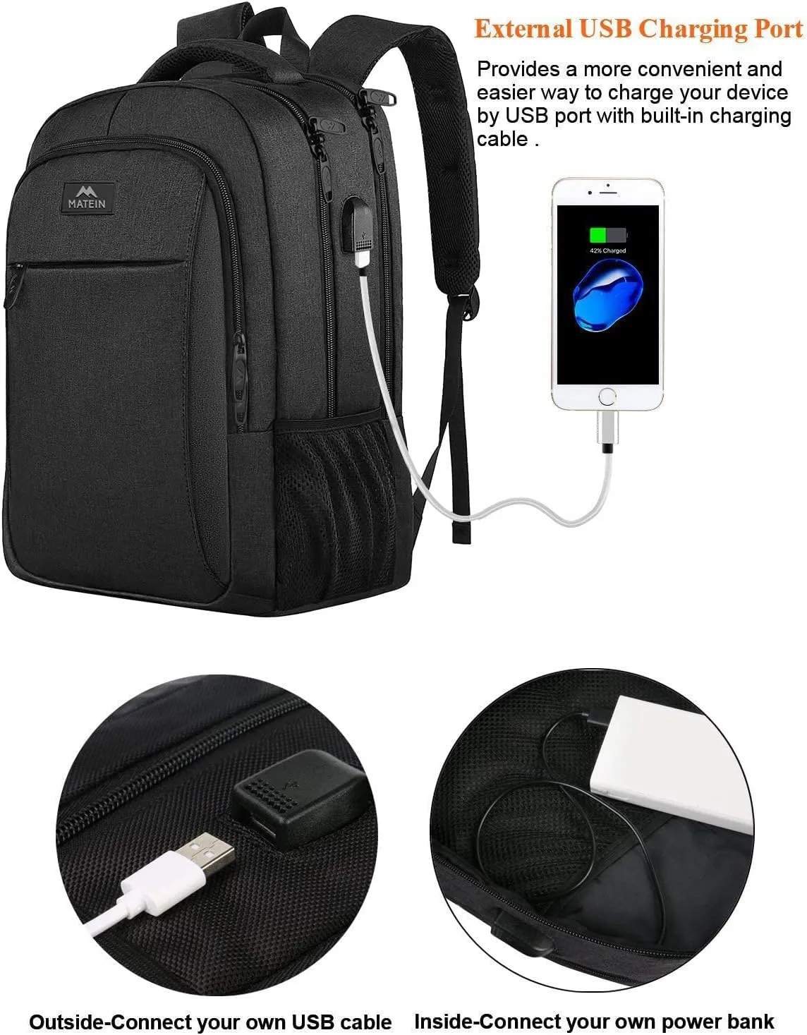MATEIN Business Laptop Backpack, 15.6 Inch Travel Laptop Bag Rucksack with USB Charging Port, Water-Resistant Bag Daypack for Work College Computer Men Women Backpack, Black