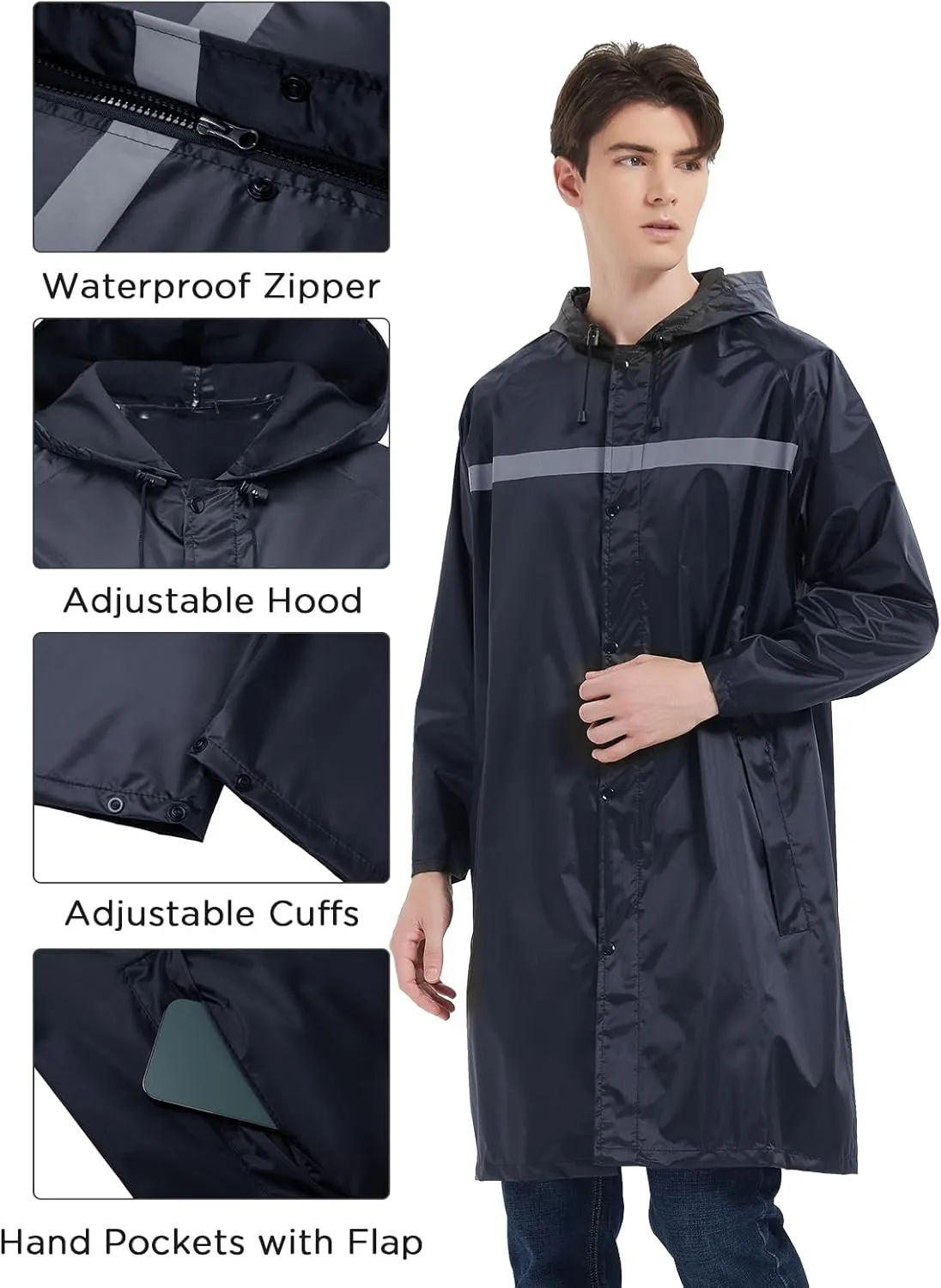 Mens Long Safety Rain Coats with Air Vents Reflective Stripes Waterproof Packable Rain Jacket with Hood Lightweight