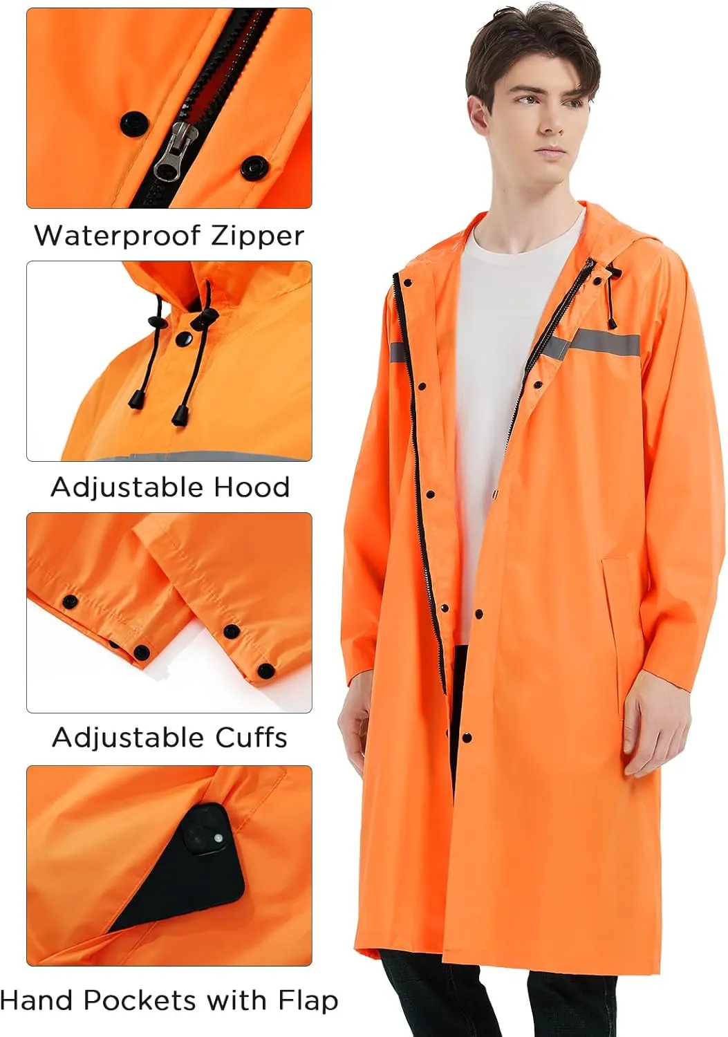 Mens Long Safety Rain Coats with Air Vents Reflective Stripes Waterproof Packable Rain Jacket with Hood Lightweight