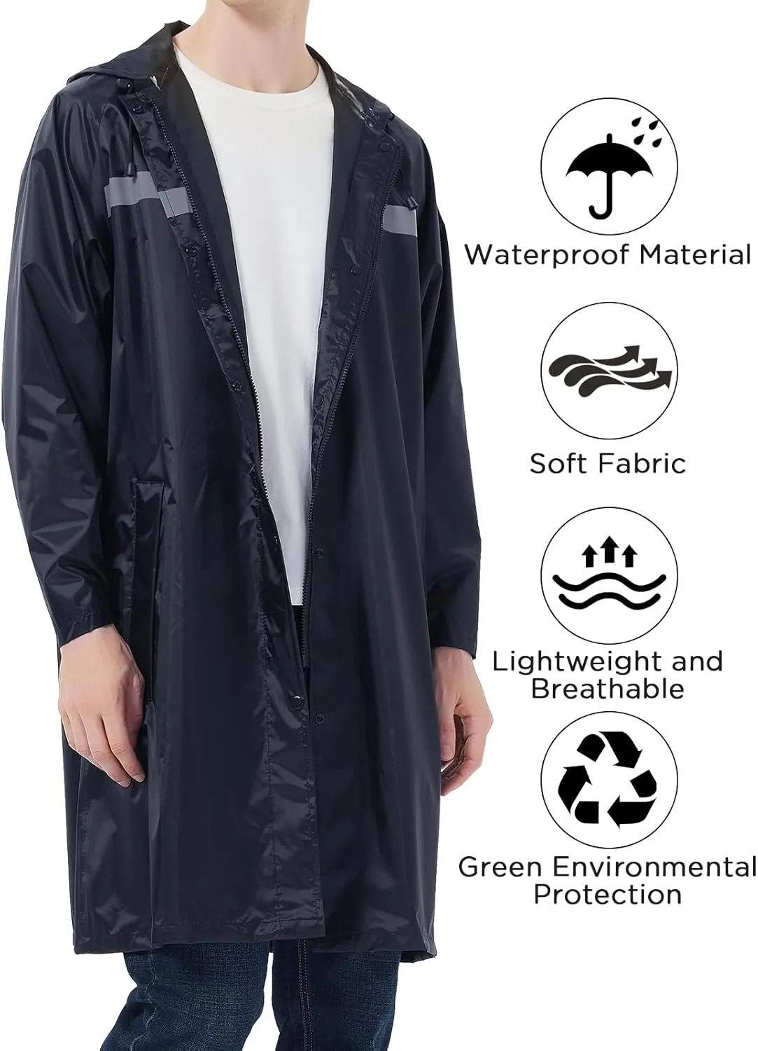 Mens Long Safety Rain Coats with Air Vents Reflective Stripes Waterproof Packable Rain Jacket with Hood Lightweight