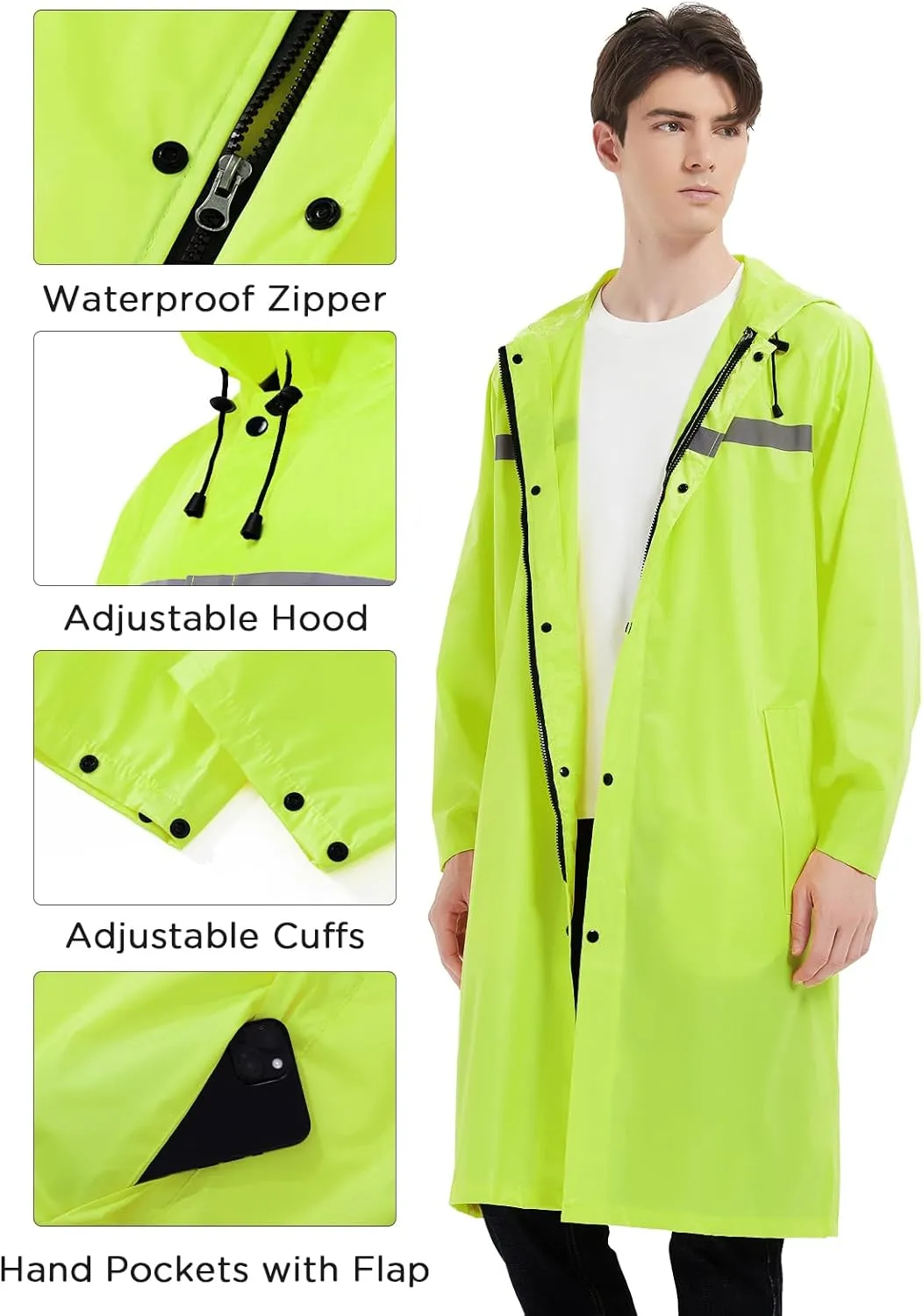 Mens Long Safety Rain Coats with Air Vents Reflective Stripes Waterproof Packable Rain Jacket with Hood Lightweight