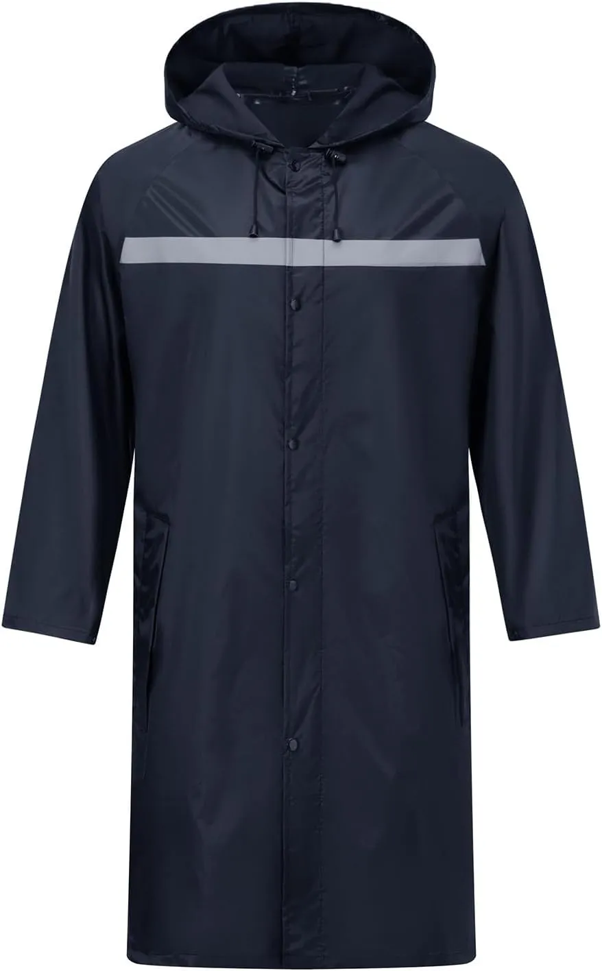 Mens Long Safety Rain Coats with Air Vents Reflective Stripes Waterproof Packable Rain Jacket with Hood Lightweight