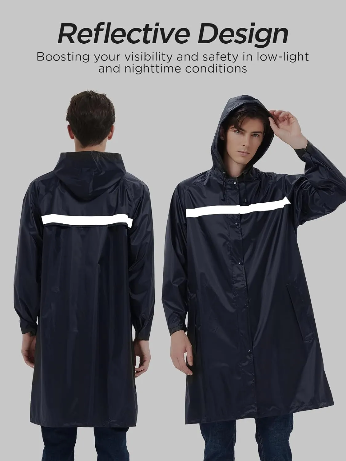 Mens Long Safety Rain Coats with Air Vents Reflective Stripes Waterproof Packable Rain Jacket with Hood Lightweight