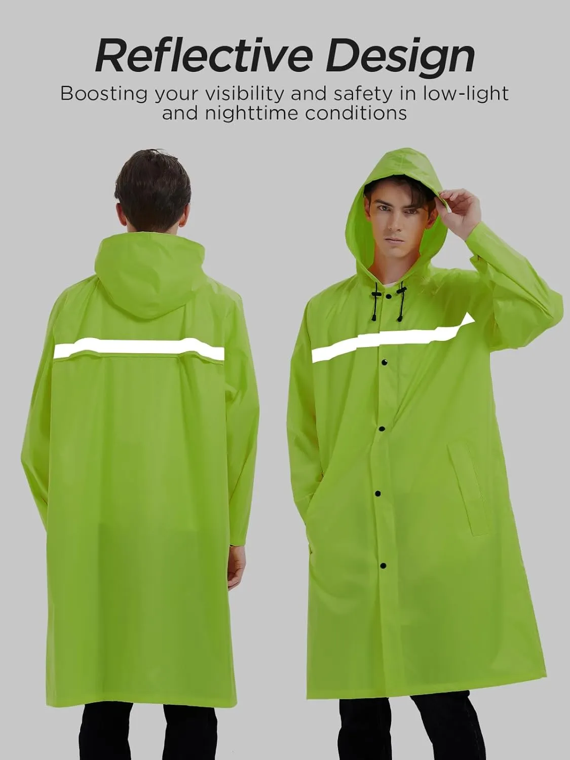Mens Long Safety Rain Coats with Air Vents Reflective Stripes Waterproof Packable Rain Jacket with Hood Lightweight