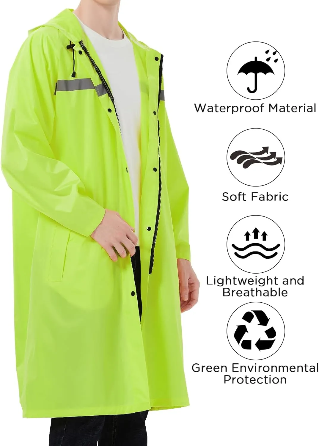 Mens Long Safety Rain Coats with Air Vents Reflective Stripes Waterproof Packable Rain Jacket with Hood Lightweight