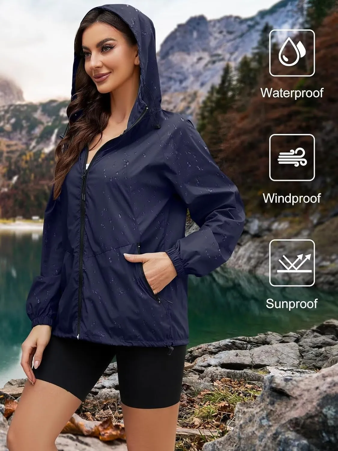 Rain Jacket Women Waterproof Lightweight Jacket With Hood Packable Raincoat With Pocket S-XXL