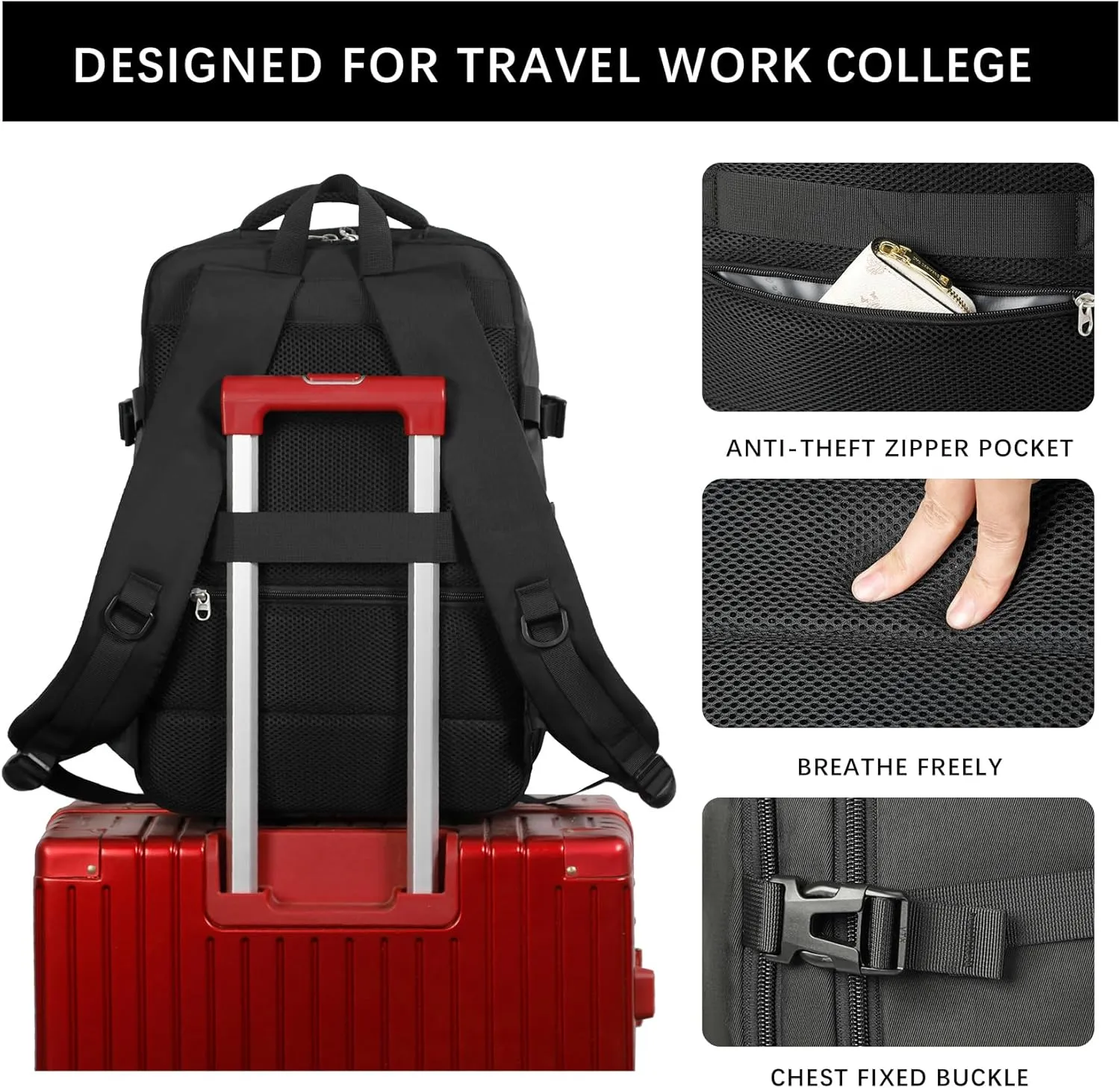 SHRRADOO Travel Laptops Backpack for Women Men, Casual Work Bag 17inch Backpack Airline Approved Backpack for Hiking Business (Black)