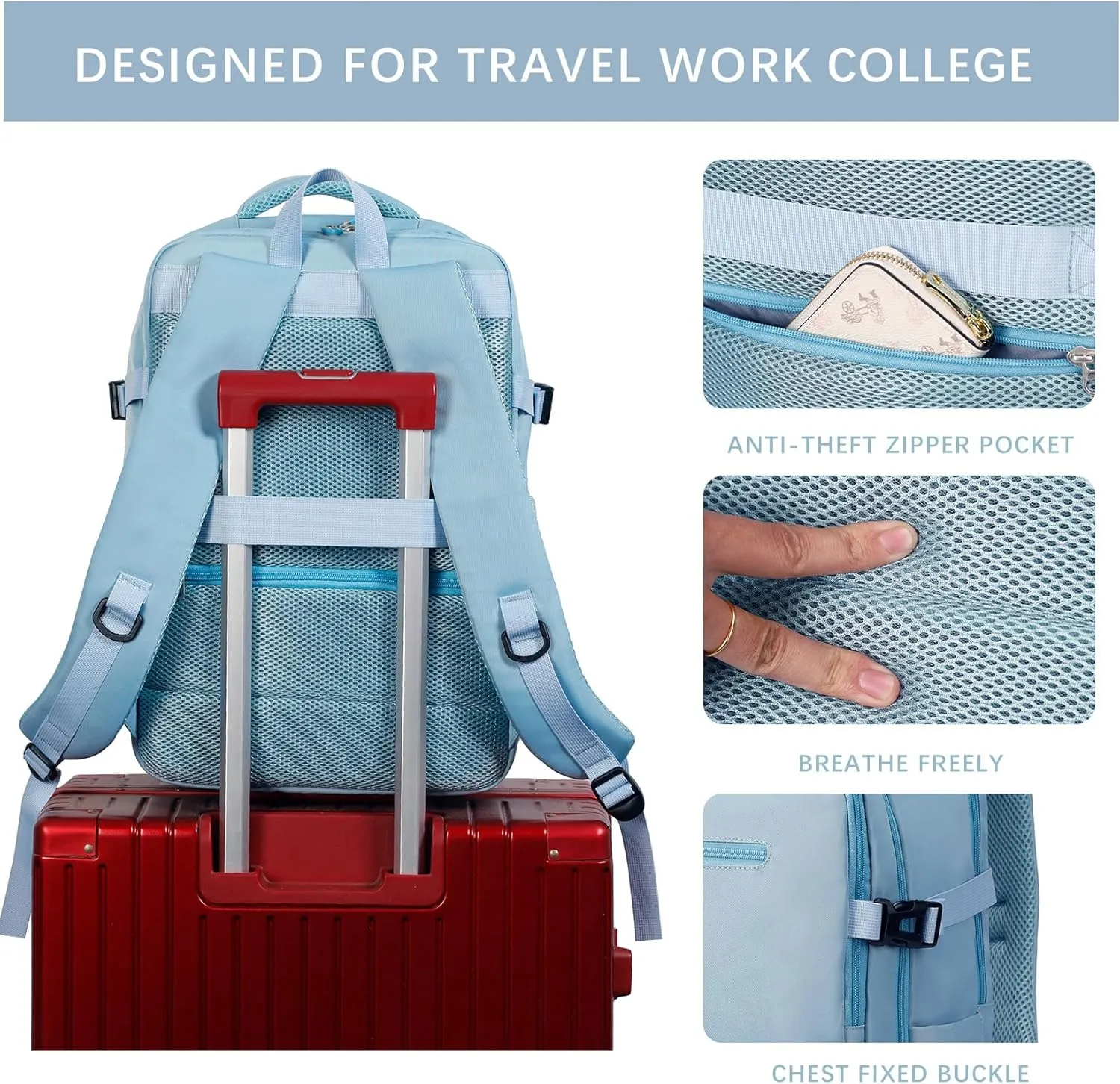 SHRRADOO Travel Laptops Backpack for Women Men, Casual Work Bag 17inch Backpack Airline Approved Backpack for Hiking Business (Light Blue)