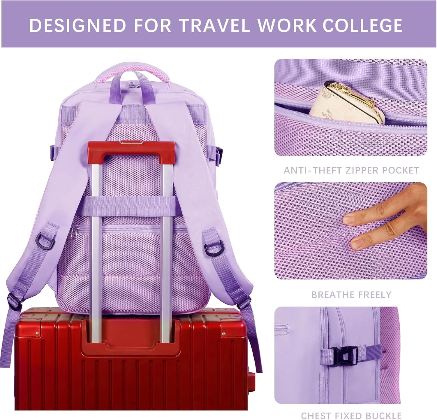 SHRRADOO Travel Laptops Backpack for Women Men, Casual Work Bag 17inch Backpack Airline Approved Backpack for Hiking Business (Light Purple)