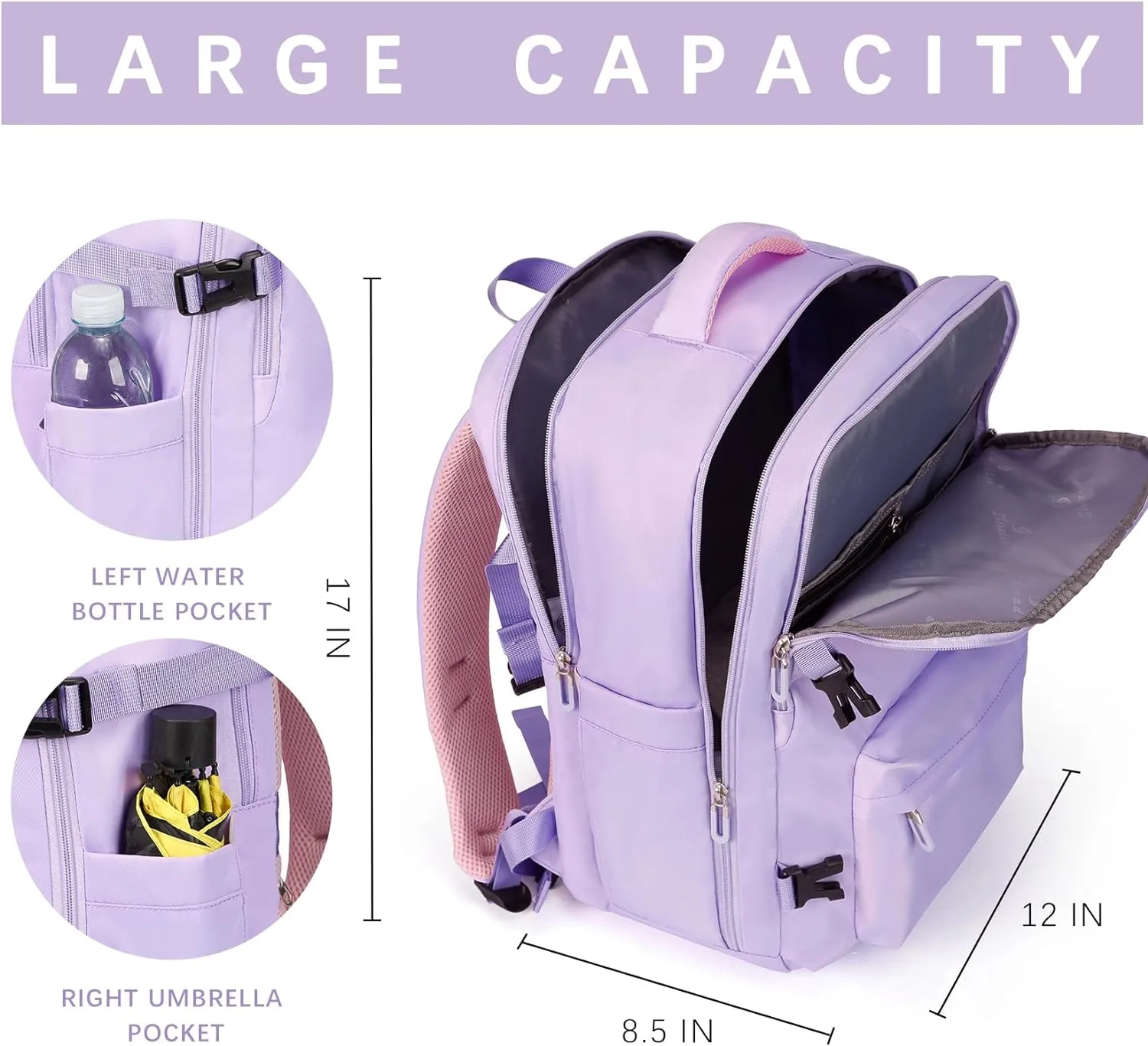 SHRRADOO Travel Laptops Backpack for Women Men, Casual Work Bag 17inch Backpack Airline Approved Backpack for Hiking Business (Light Purple)