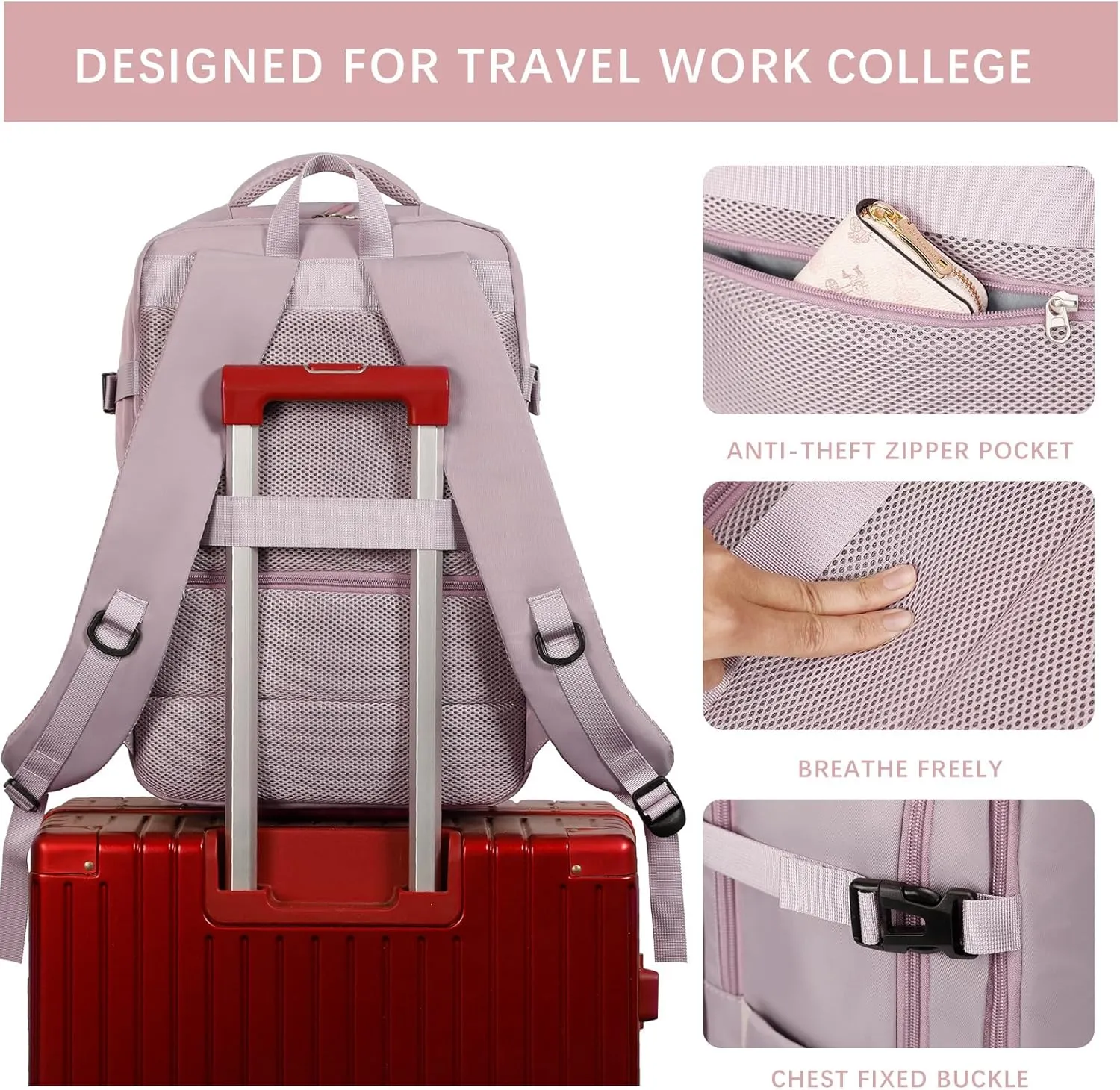 SHRRADOO Travel Laptops Backpack for Women Men, Casual Work Bag 17inch Backpack Airline Approved Backpack for Hiking Business (Pink khaki)