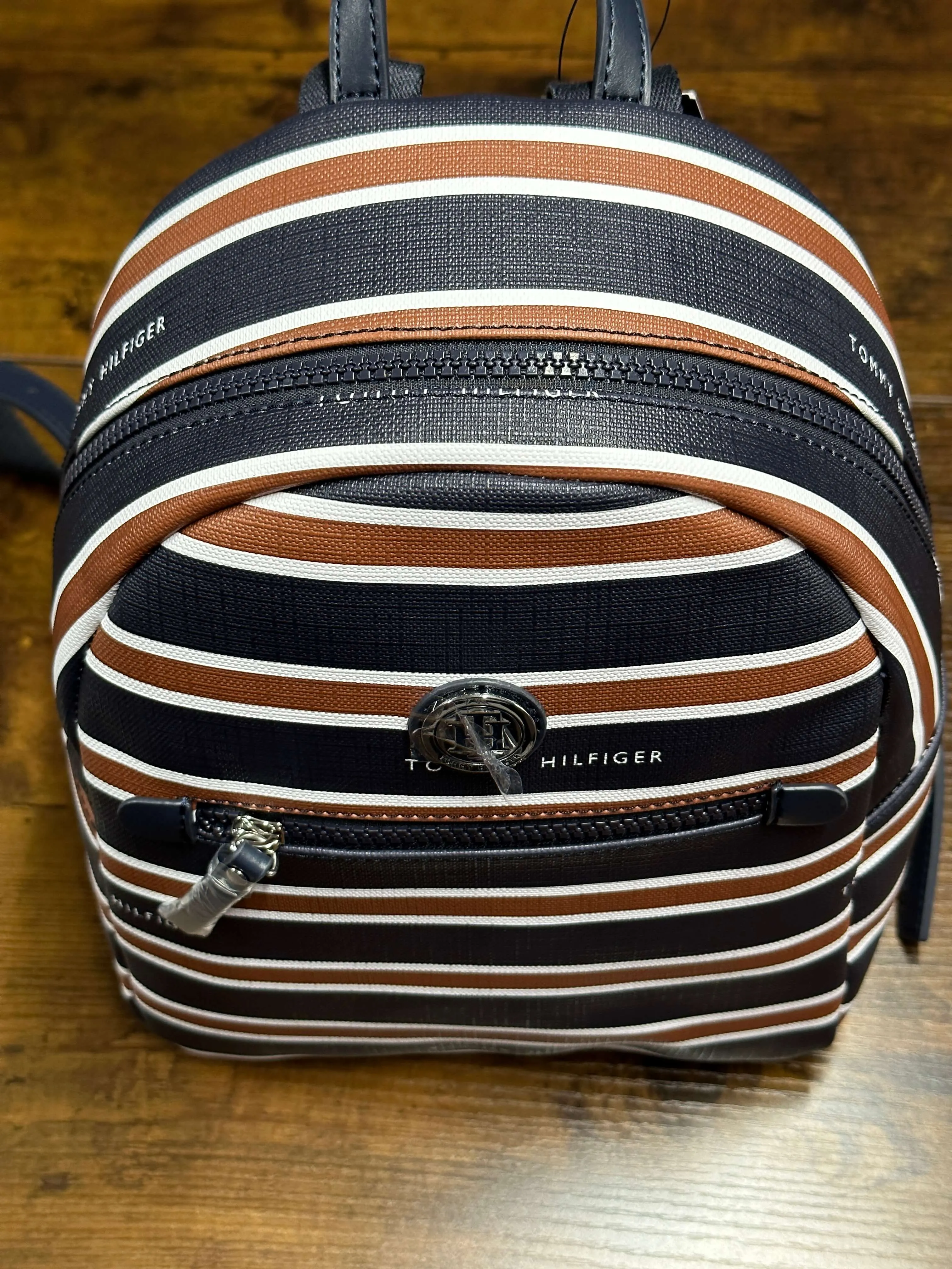 Tommy Hilfiger Striped Backpack Shoulder Bag Cognac Blue White Travel Bookbag