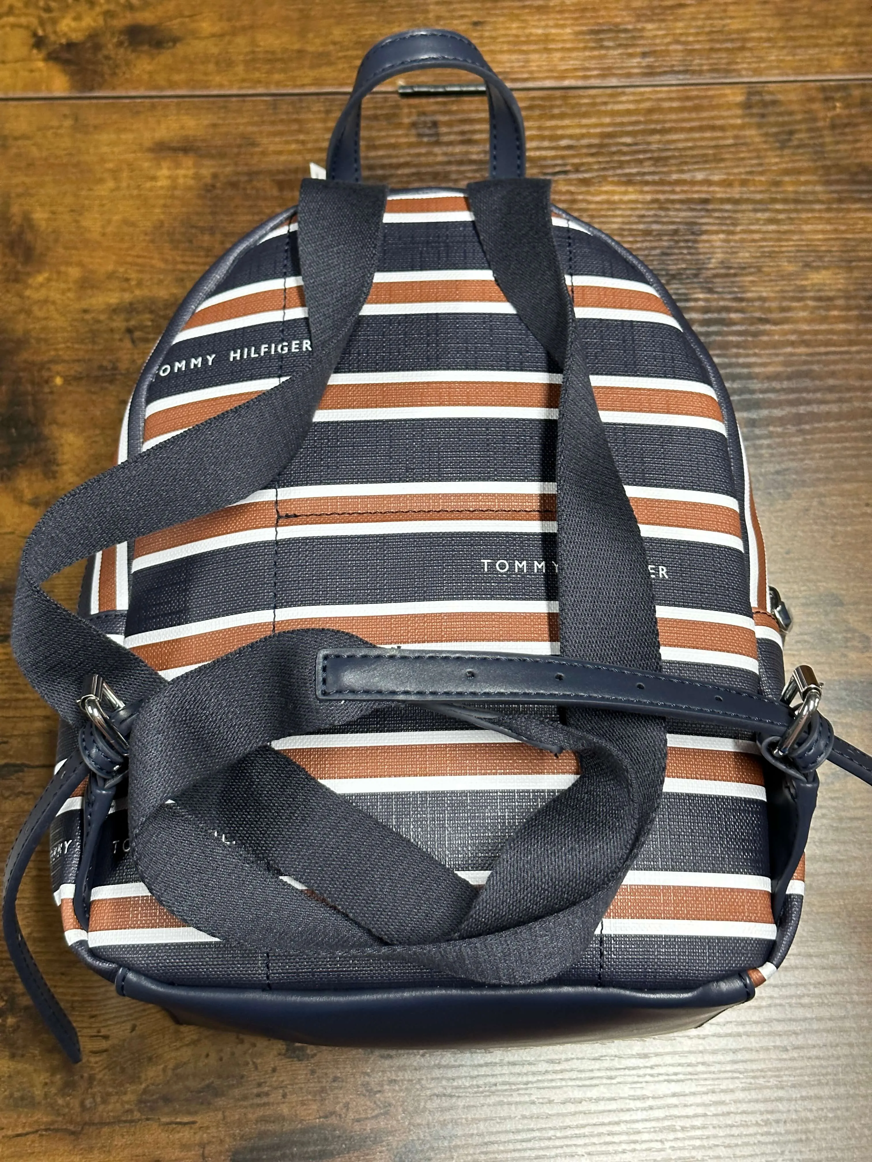Tommy Hilfiger Striped Backpack Shoulder Bag Cognac Blue White Travel Bookbag