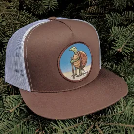 Turtle Hiking Wearable Art Flat Bill Brown/White Trucker Hat